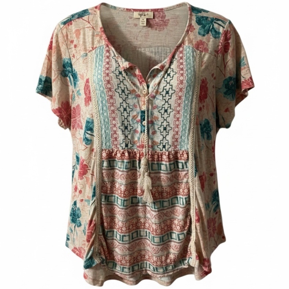 Style & Co Peasant Tunic Top, Coquette, Floral, Sz 3X, Embroidery, Pastel, Boho